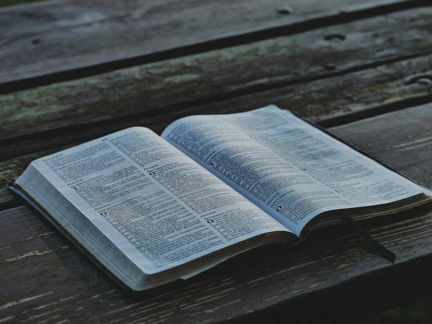 Bibbia aperta appoggiata su un tavolo di legno rustico all'aperto.