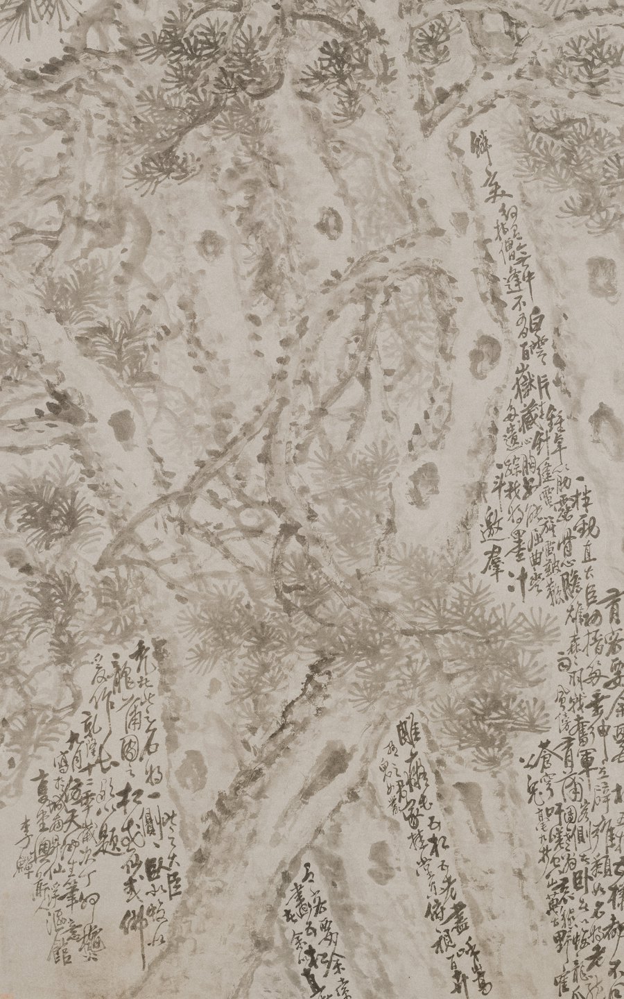 Pittura a inchiostro di alberi stilizzati con calligrafia tradizionale.